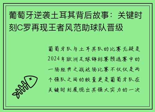 葡萄牙逆袭土耳其背后故事：关键时刻C罗再现王者风范助球队晋级